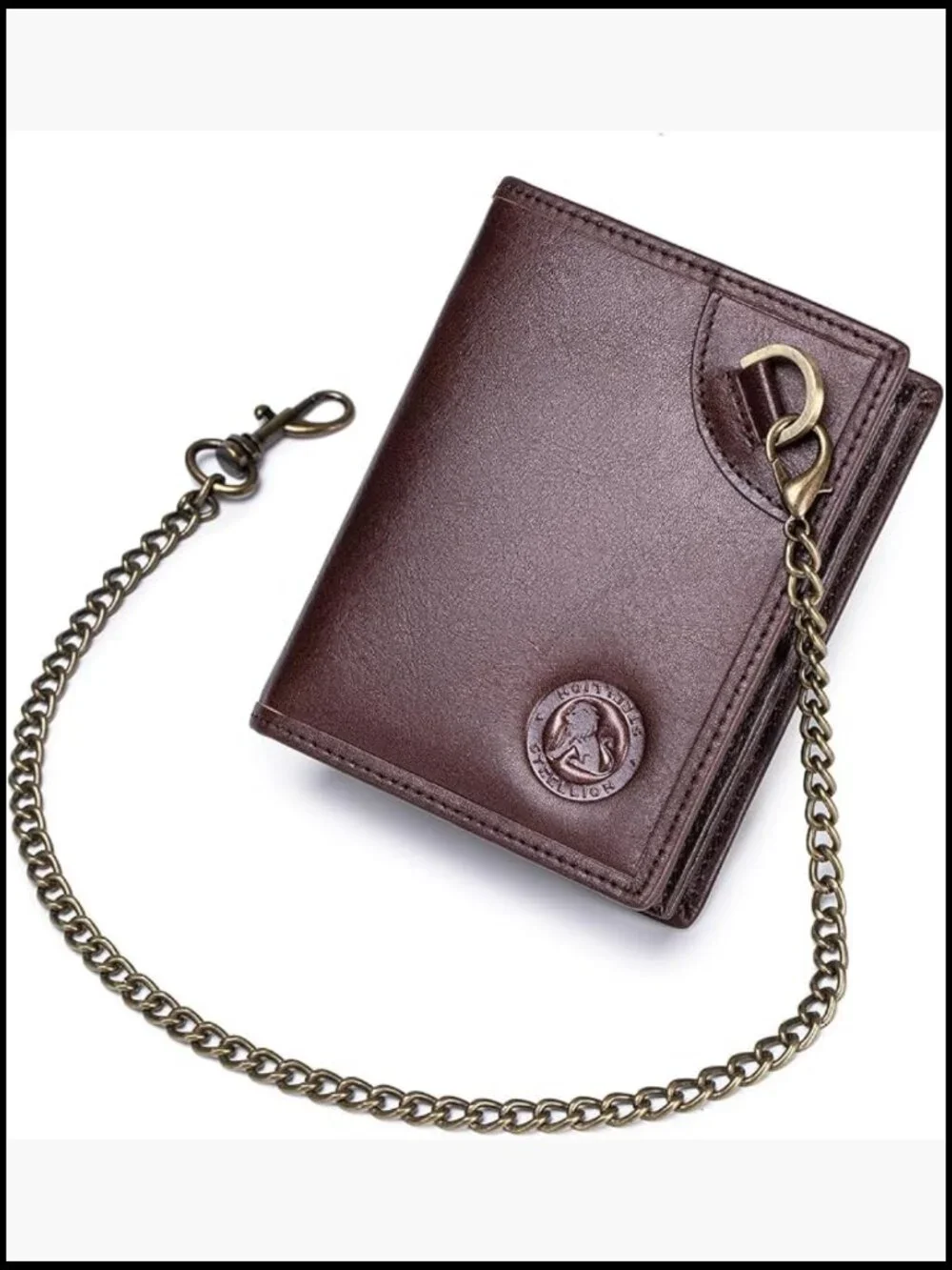 Genuine Leather Bifold Wallet with 16 Card Slots RFID Blocking D-Ring Chain